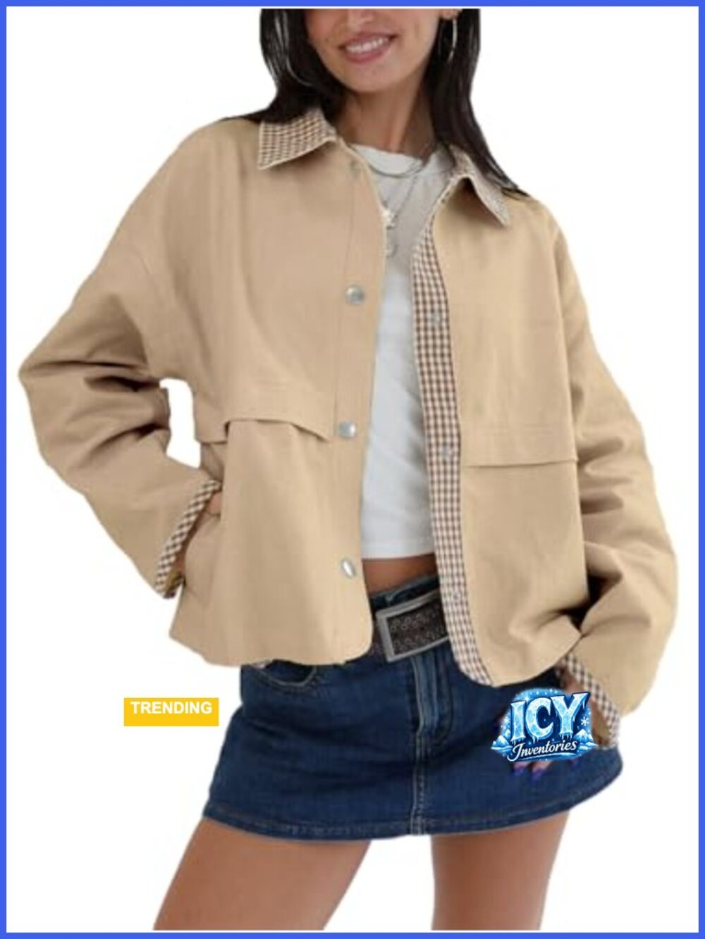 CUFEZN Women's Cropped Gingham Trench Coat Casual Lapel Plaid Jacket